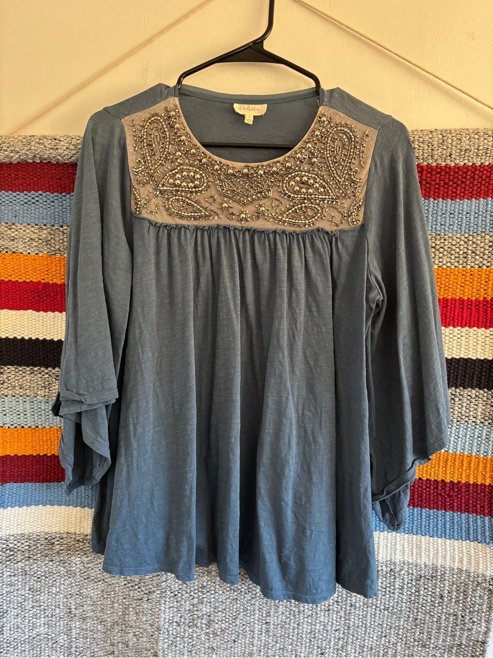 Deletta from Anthropologie Blue Peasant Blouse with Embellished Beaded Yoke